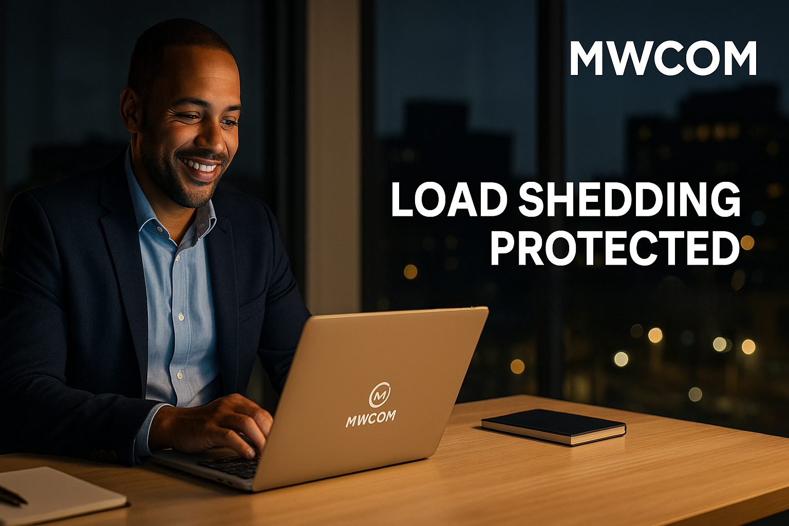 South African business owner working during load shedding with MWCOM protection
