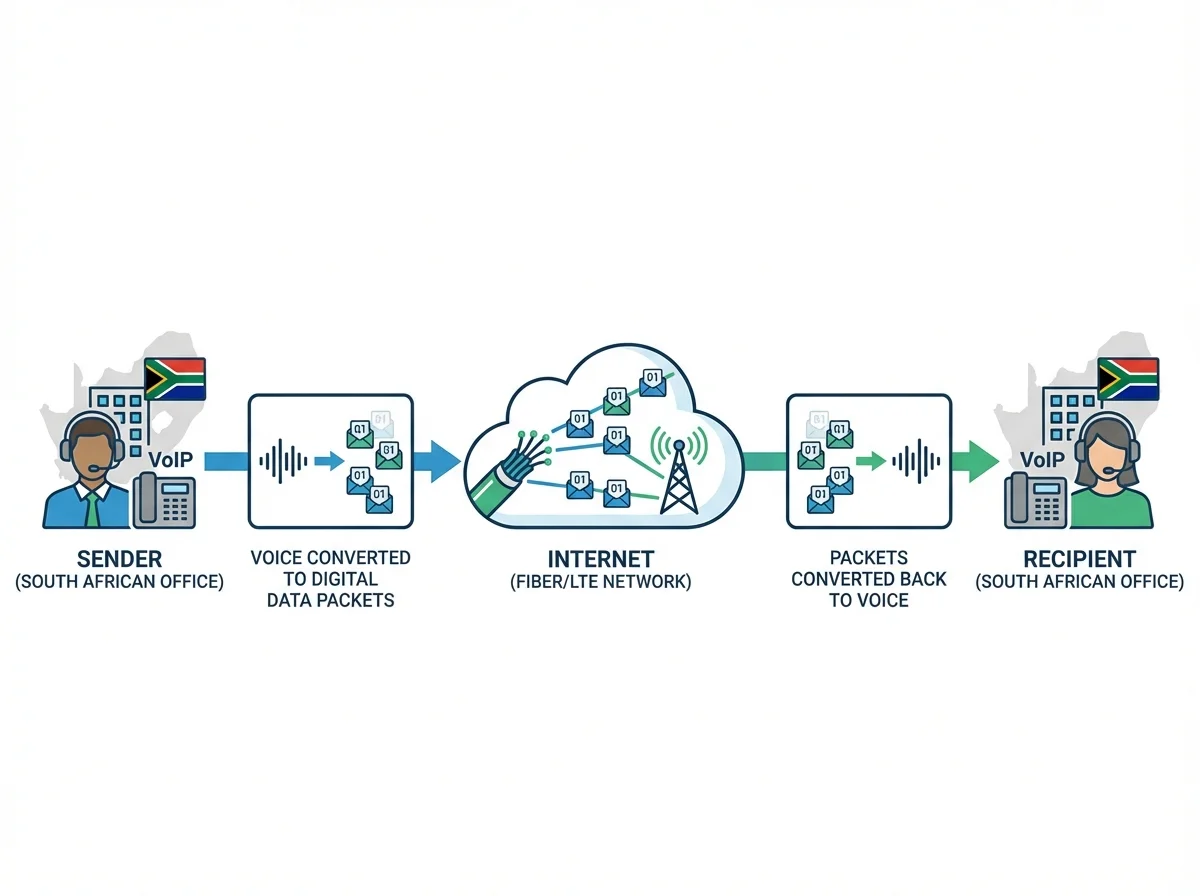 VoIP technology diagram showing voice conversion to digital data packets traveling through internet between South African offices