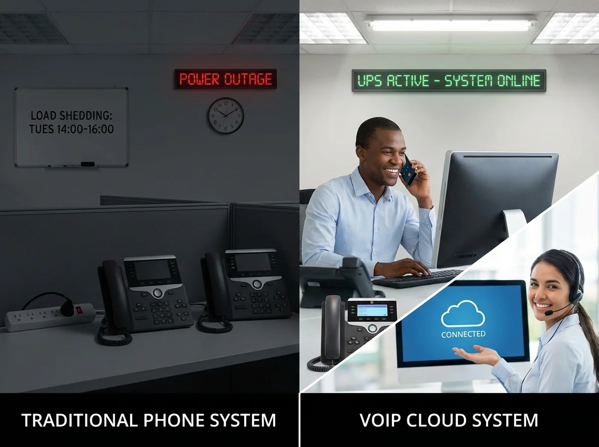 VoIP system working during load shedding with mobile apps and UPS-powered phones