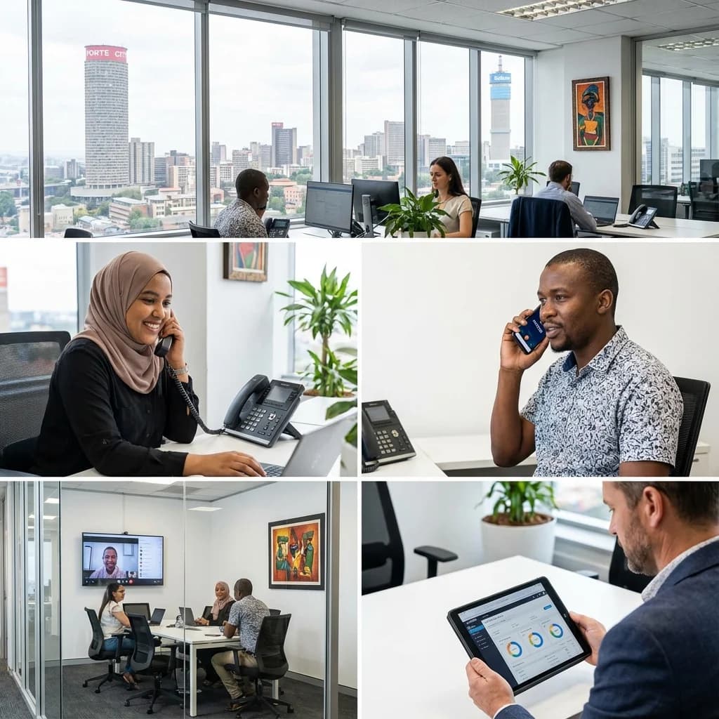 Modern South African office with VoIP phone systems - employees using desk phones, mobile apps, and video conferencing