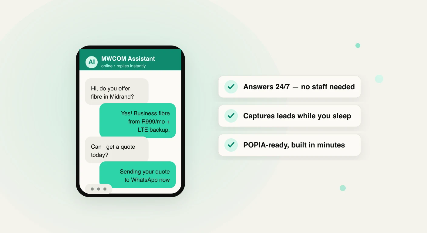WhatsApp chatbot for South African business — AI assistant answering customer messages on a smartphone